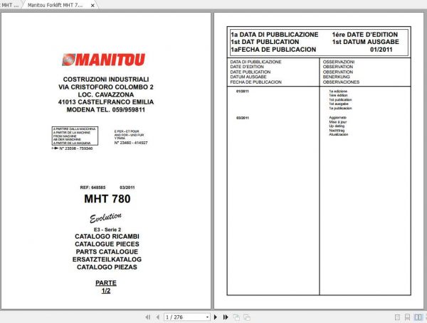 Manitou Forklift MHT 780 Part Manual648585 1