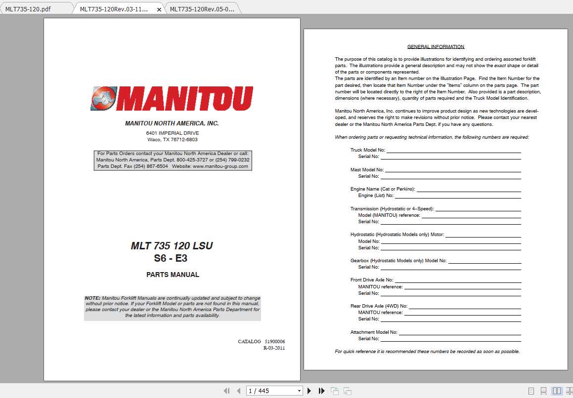 Manitou Forklift MLT 630 732 Part Manual 2 1