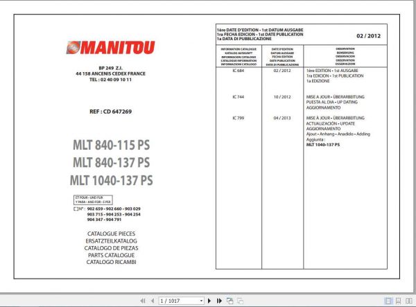 Manitou Forklift MLT 840 Part Manual647269 1