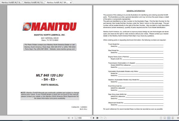 Manitou Forklift MLT 845 Part Manual 1