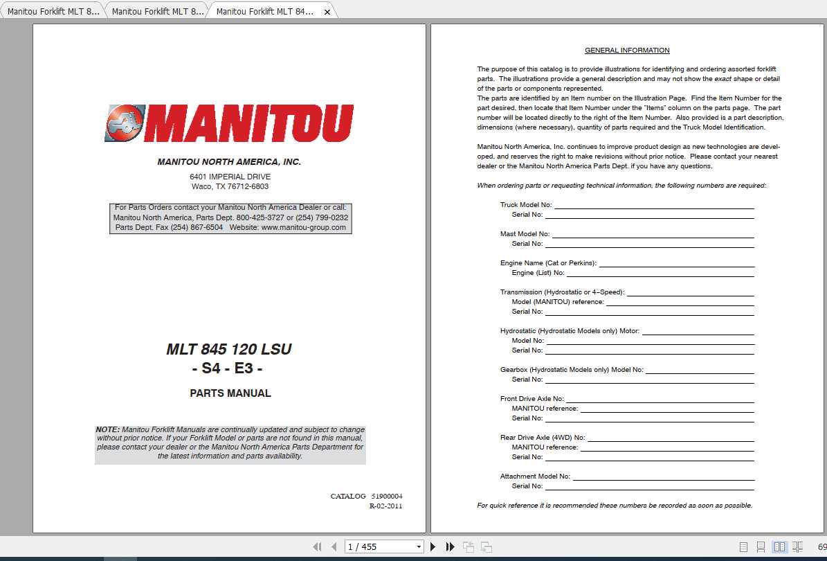 Manitou Forklift MLT 845 Part Manual 1