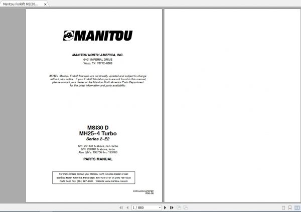 Manitou Forklift MSI30D MH25 4 Turbo Parts Manual547876P 1