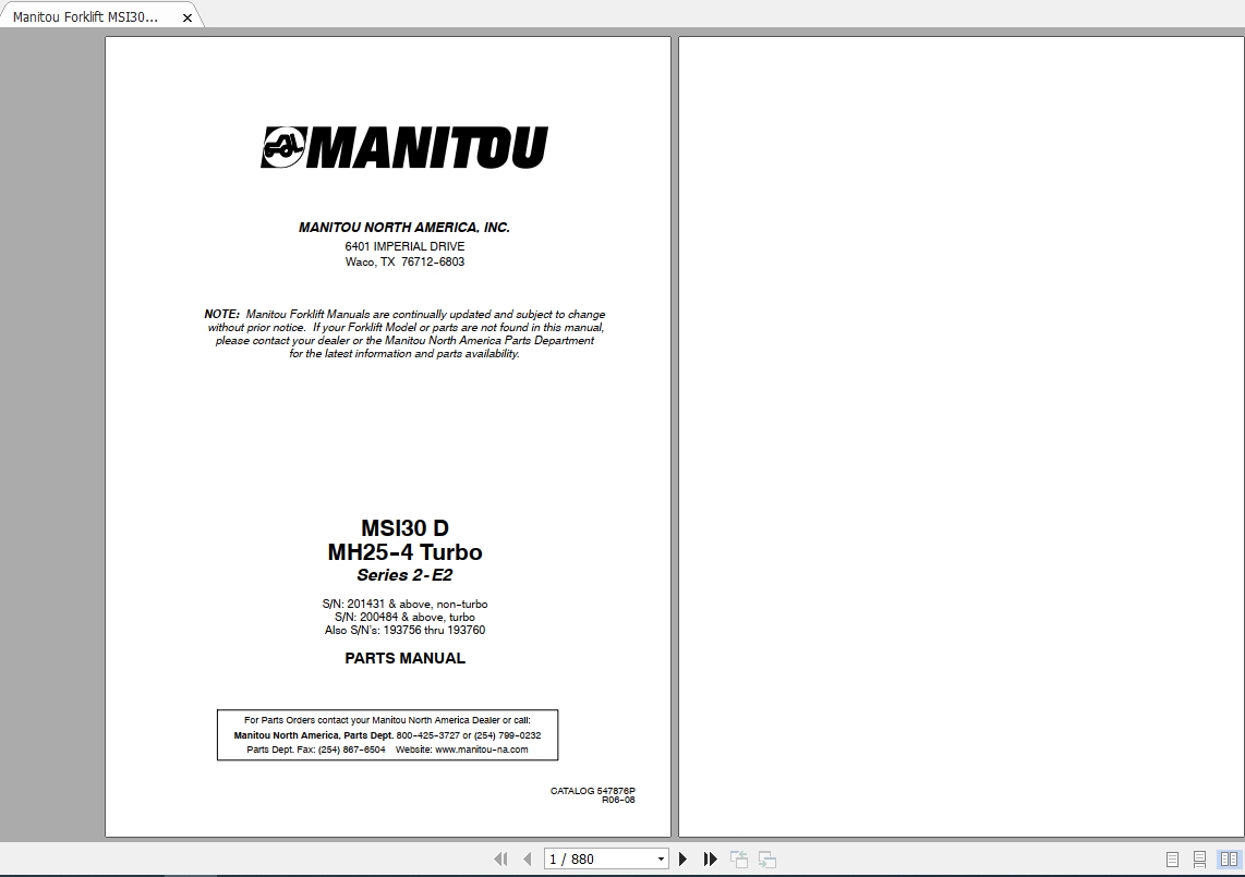 Manitou Forklift MSI30D MH25 4 Turbo Parts Manual547876P 1