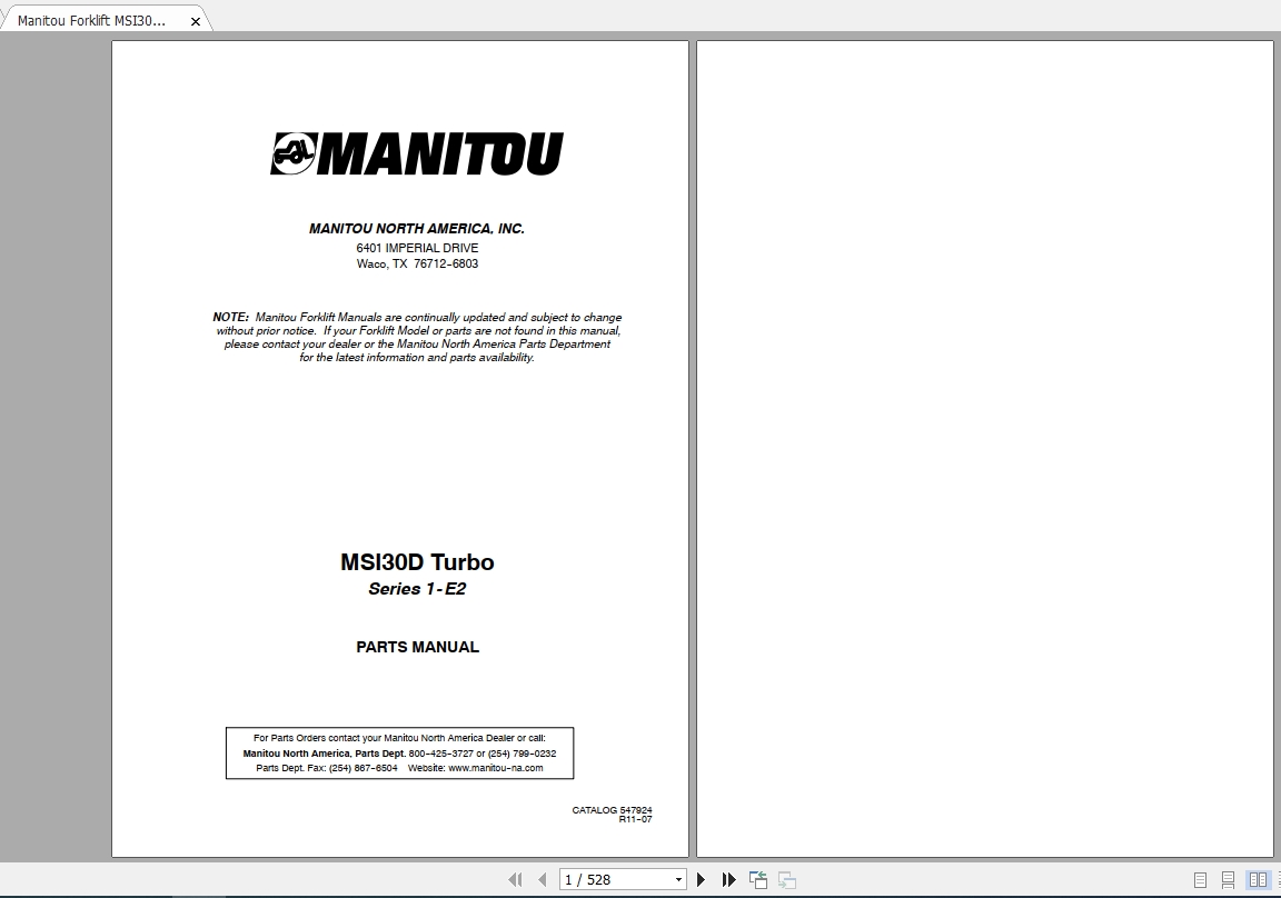 Manitou Forklift MSI30D Turbo Parts Manual547924 1