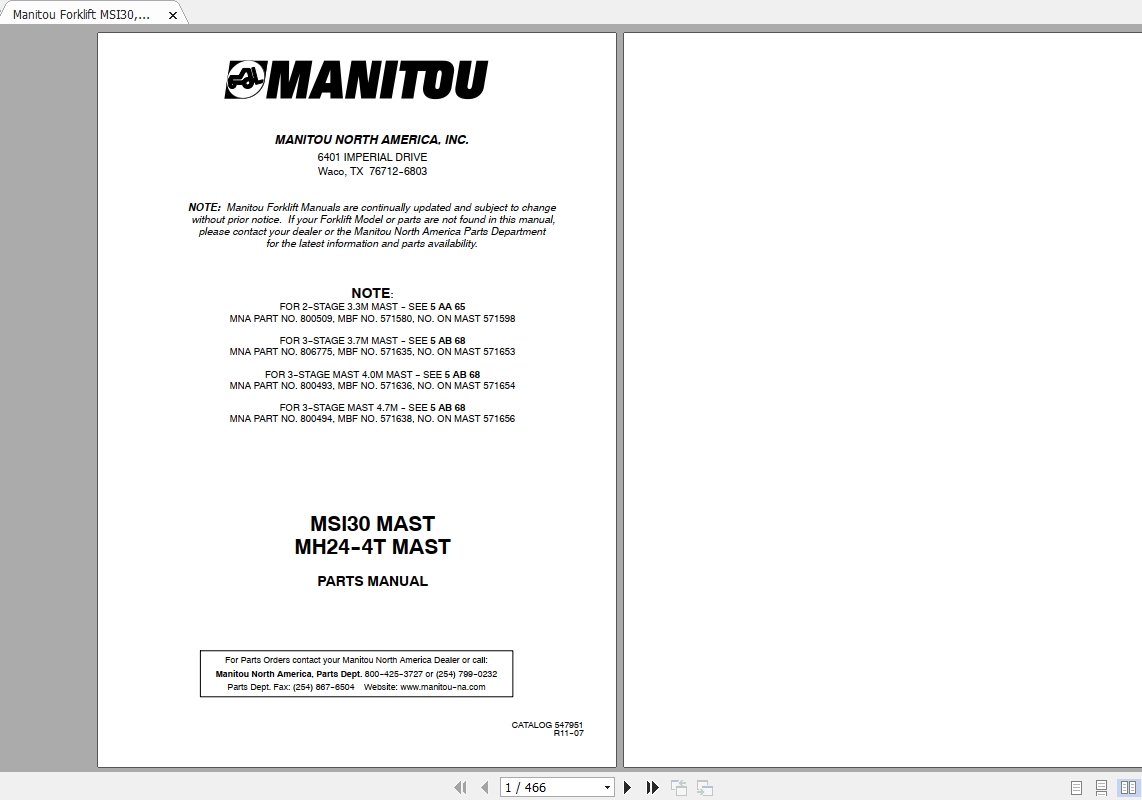 Manitou Forklift MSI30 MH24 4T Mast Parts Manual547951 1
