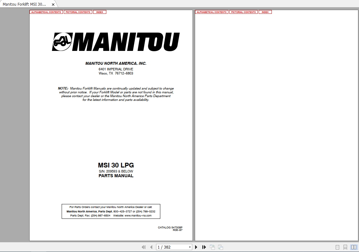 Manitou Forklift MSI 30 LPG Parts Manual547308P 1