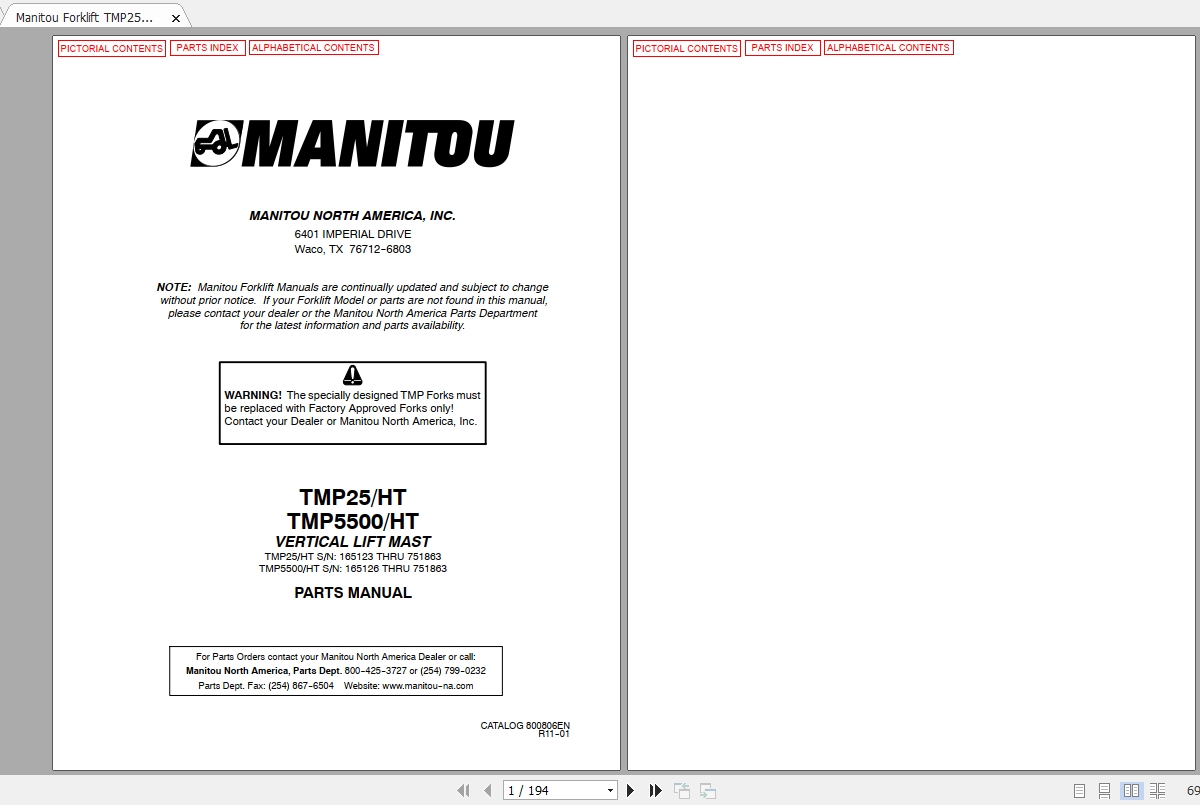 Manitou Forklift TMP25 5500 HT Parts Manual800806 1