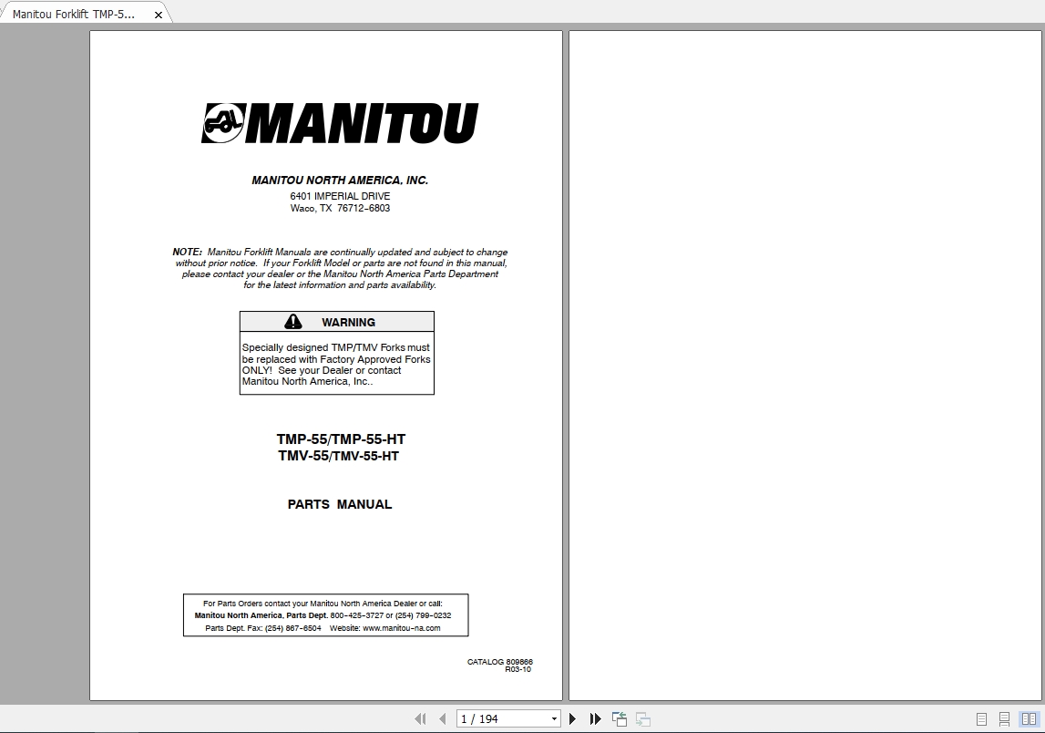 Manitou Forklift TMPTMV 55 HT Parts Manual809866 1