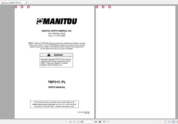 Manitou Forklift TMT315 FL Parts Manual547633P 1