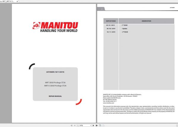 Manitou MRTMRT X 3050 Privilege ST3A Repair Manual647396EN 1