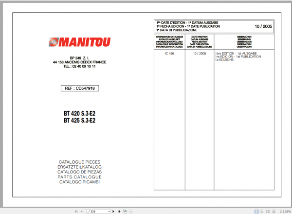 Manitou Telehandler BT 420 Series 3 Parts ManualEN