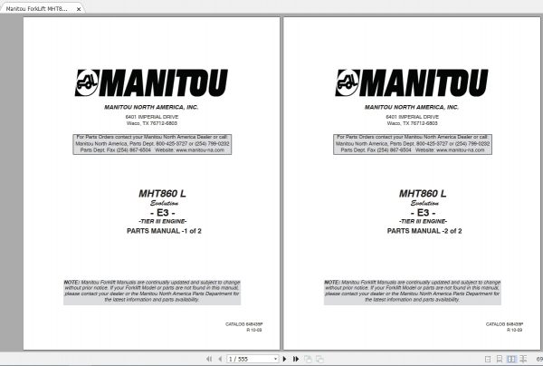 Manitou Telehandler MHT860L Parts Manual648435P 1
