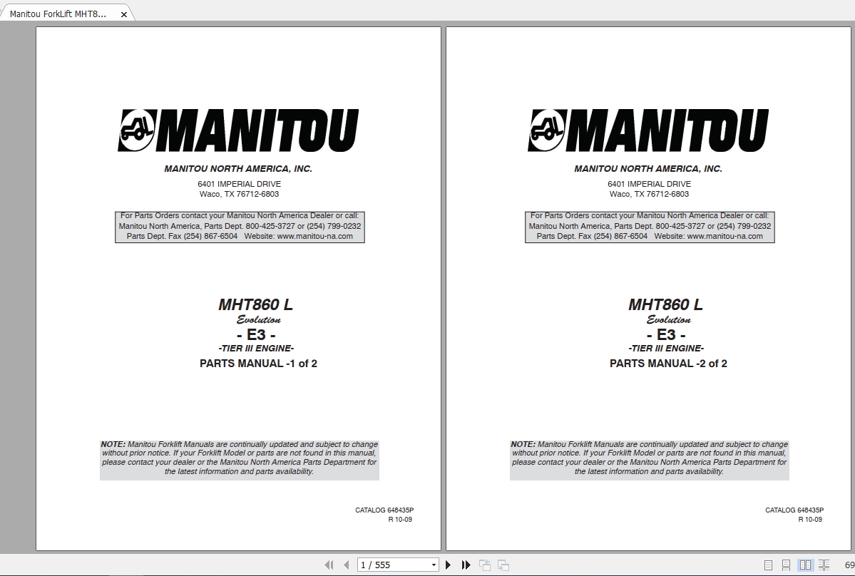 Manitou Telehandler MHT860L Parts Manual648435P 1