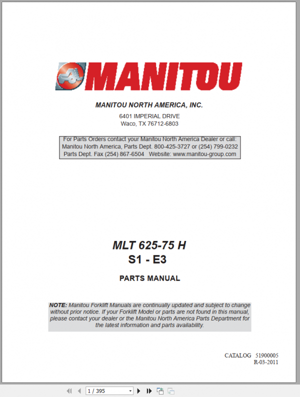 Manitou Telehandler MLT 625 75H Tier 3 Parts ManualEN