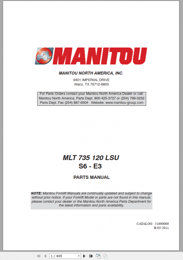 Manitou Telehandler MLT 735 Parts ManualEN 1
