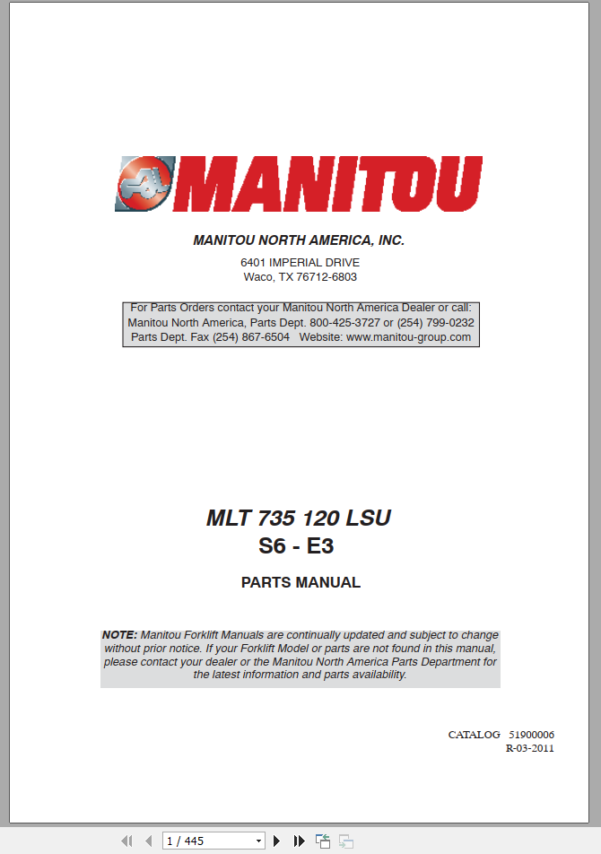 Manitou Telehandler MLT 735 Parts ManualEN 1