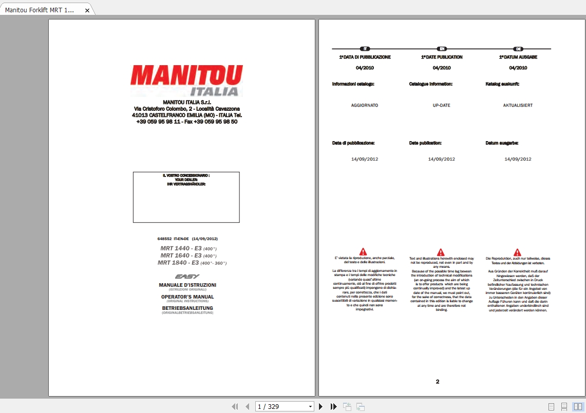 Manitou Telehandler MRT1440 1840 Operators Manual648552 1