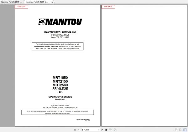Manitou Telehandler MRT1850 2540 Operators Service Manual 2