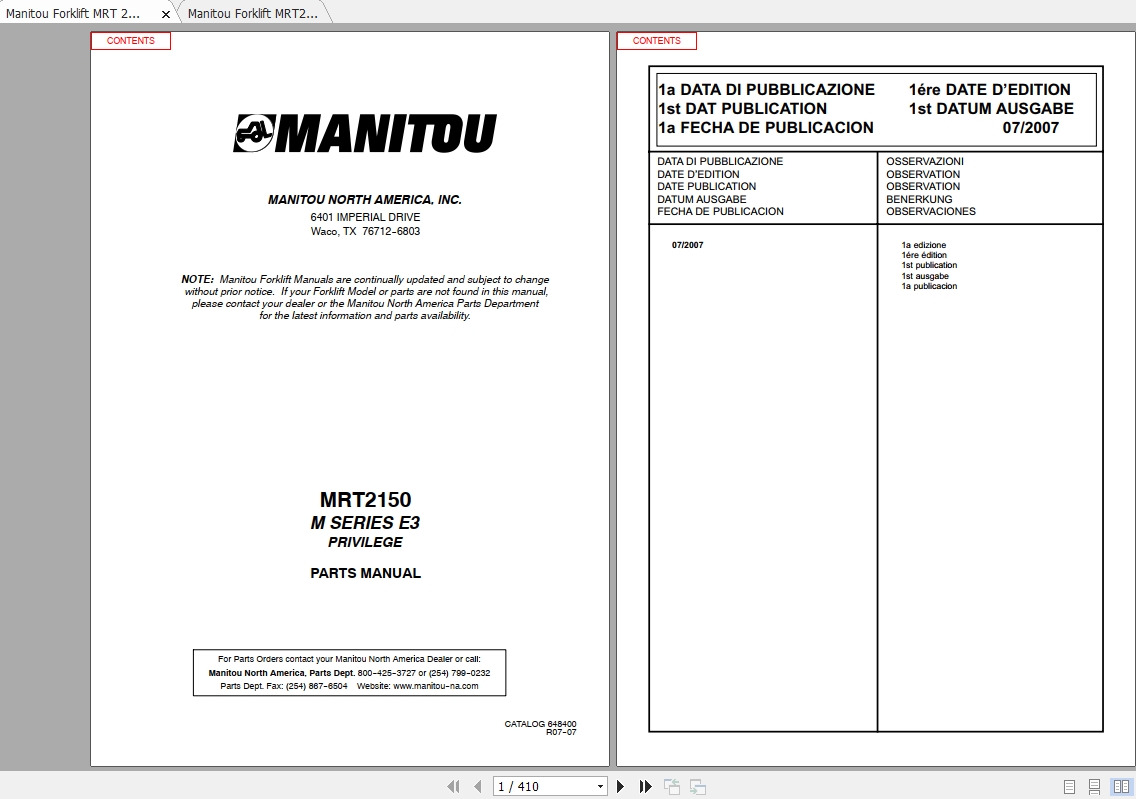 Manitou Telehandler MRT2150 M Series Parts & Operation Manual
