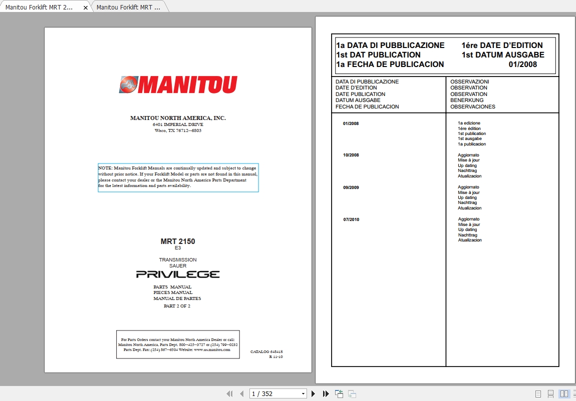 Manitou Telehandler MRT 2150 Privilege Parts Manual 1