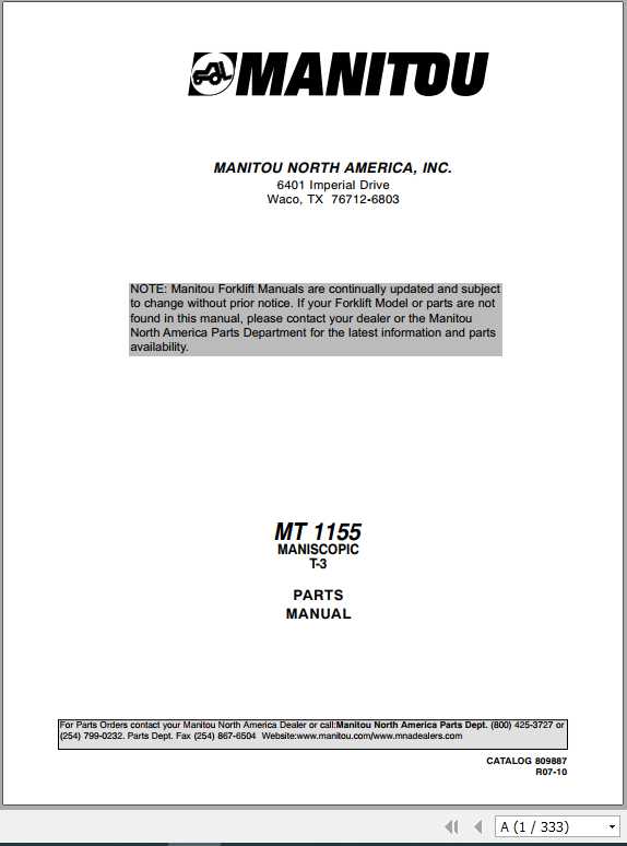 Manitou Telehandler MT1155 Parts Manual809887 1