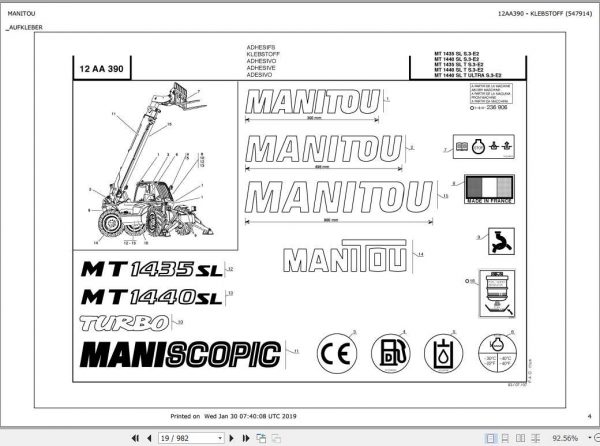 Manitou Telehandler MT14401435SL Parts Manual547914 1wK2pP