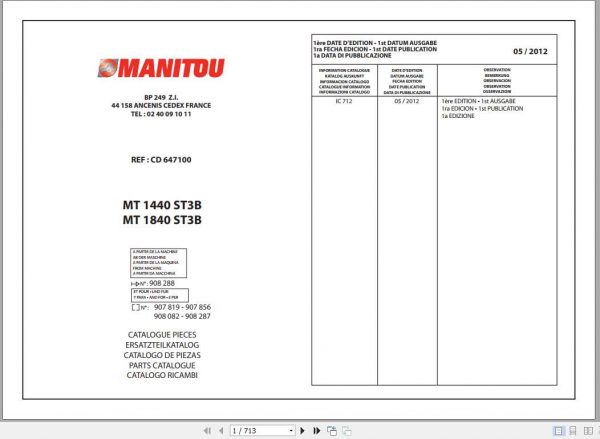 Manitou Telehandler MT14401840 ST3B Parts Manual647100 1