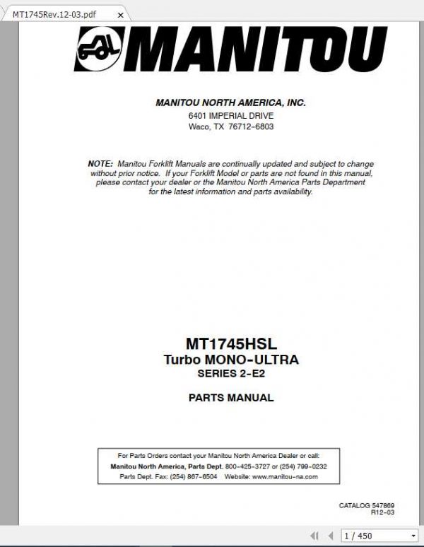 Manitou Telehandler MT1745HSL Parts Manual547869 1