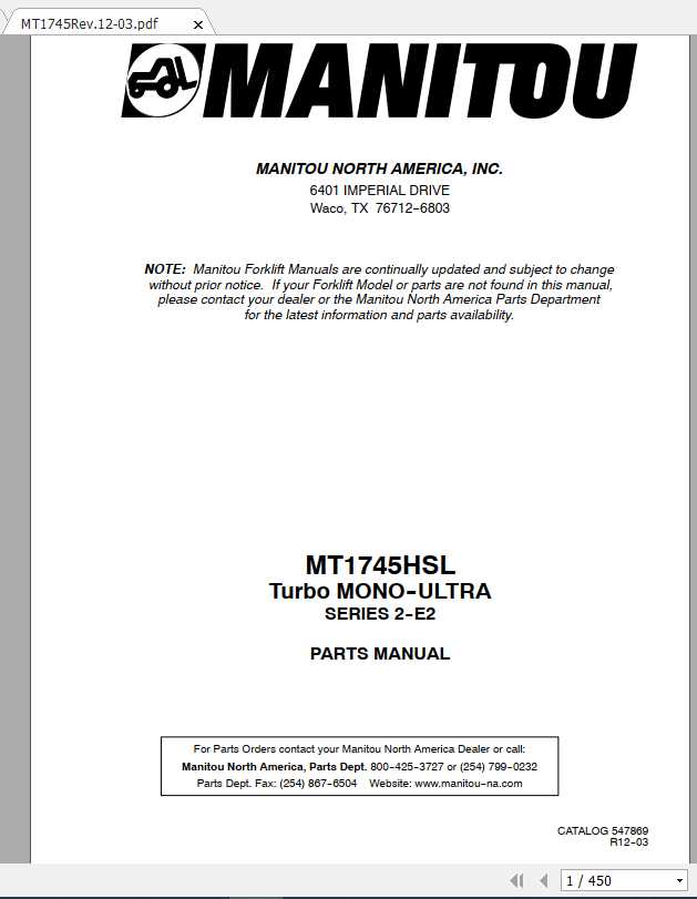 Manitou Telehandler MT1745HSL Parts Manual547869 1