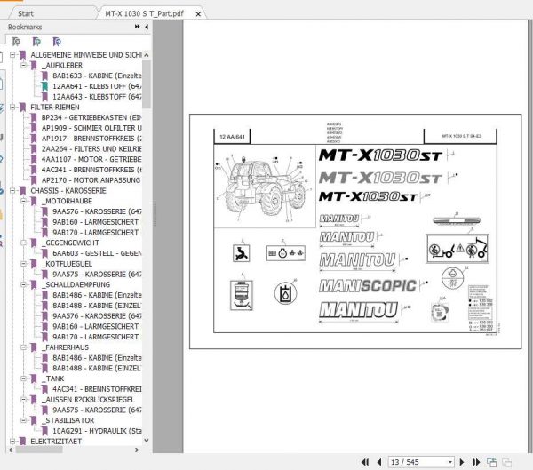 Manitou Telescopic Handler MT X1030ST Parts Manual647236 1