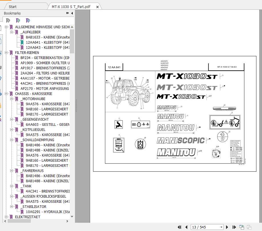 Manitou Telescopic Handler MT X1030ST Parts Manual647236 1