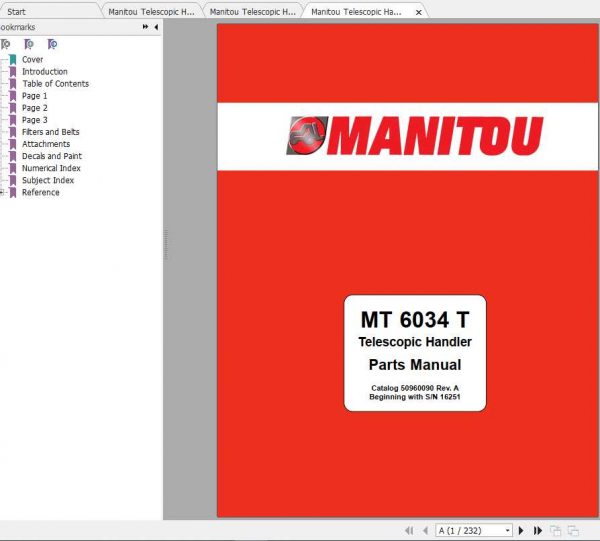 Manitou Telescopic Handler MT 6034T Parts Manual 1