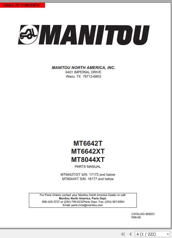 Manitou Telescopic Handler MT 6642T XT MT8044XT Parts Manual805931 1