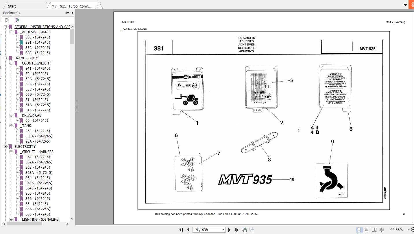 Manitou Telescopic Handler MVT 935 Parts Manual547245 1