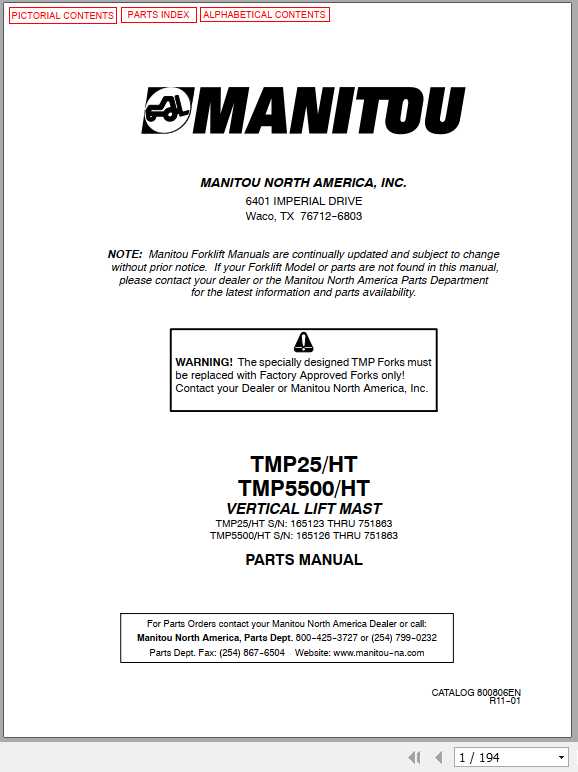 Manitou Telescopic Handler TMP25HT TMP5500HT Parts Manual800806 1