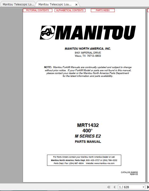 Manitou Telescopic Loader MRT 1432 Parts Manual648230 1