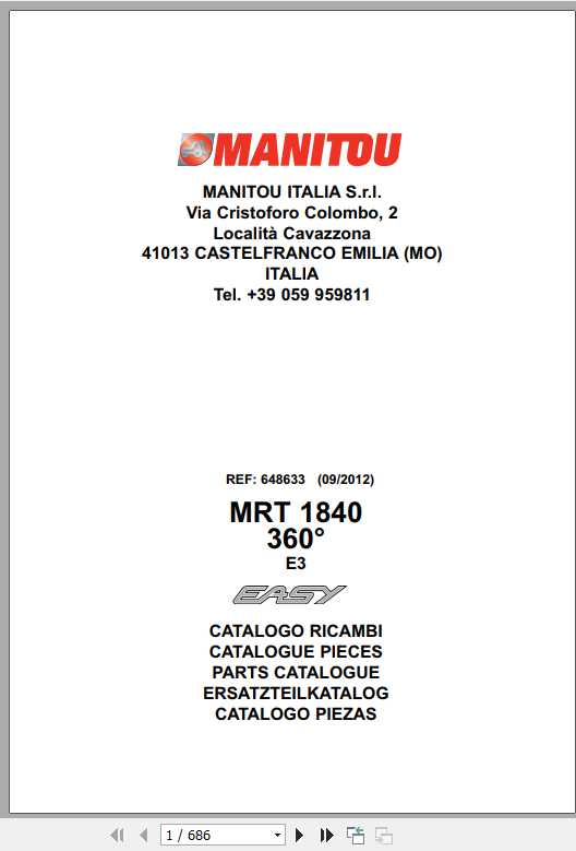 Manitou Telescopic Loader MRT 1840 Parts Manual648633 1