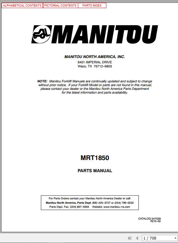 Manitou Telescopic Loader MRT 1850 Parts Manual547559 1