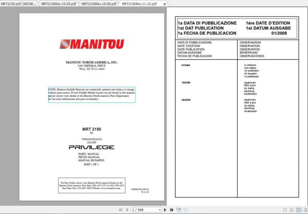 Manitou Telescopic Loader MRT 2150 Parts Manual 1
