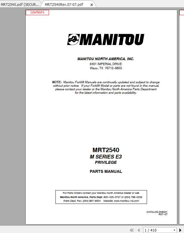 Manitou Telescopic Loader MRT 2540 Parts Manual 1
