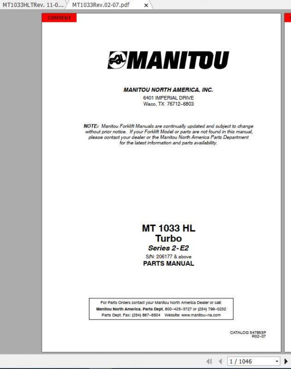 Manitou Telescopic Loader MT1033HL Parts Manual 1