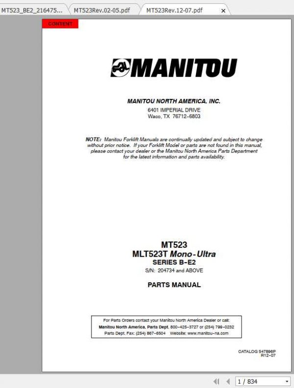 Manitou Telescopic Loader MT 523 Parts Manual 1