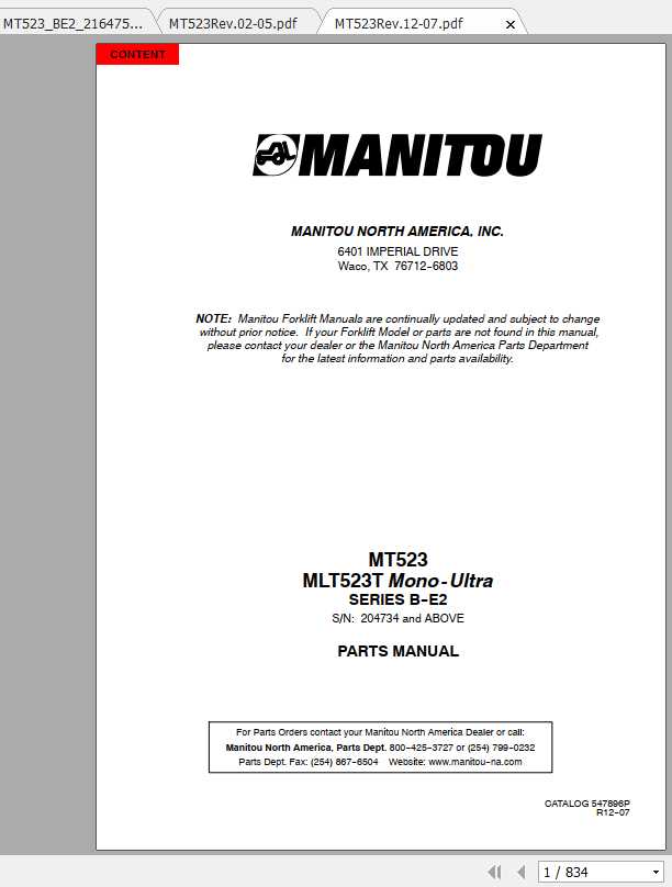 Manitou Telescopic Loader MT 523 Parts Manual 1