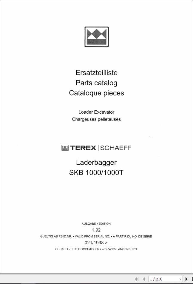 Schaeff Loader Excavator SKB1000 1000T Parts Catalog 1