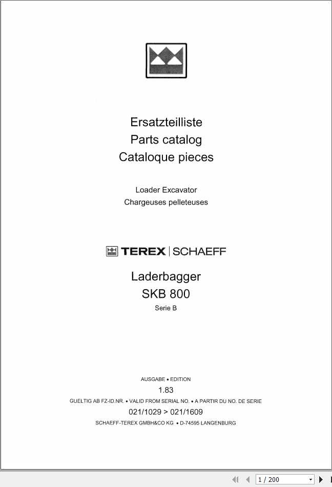 Schaeff Loader Excavator SKB800B Parts Catalog 1