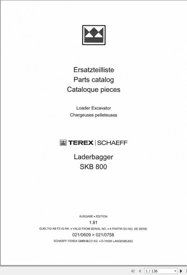 Schaeff Loader Excavator SKB800 Parts Catalog 1 1