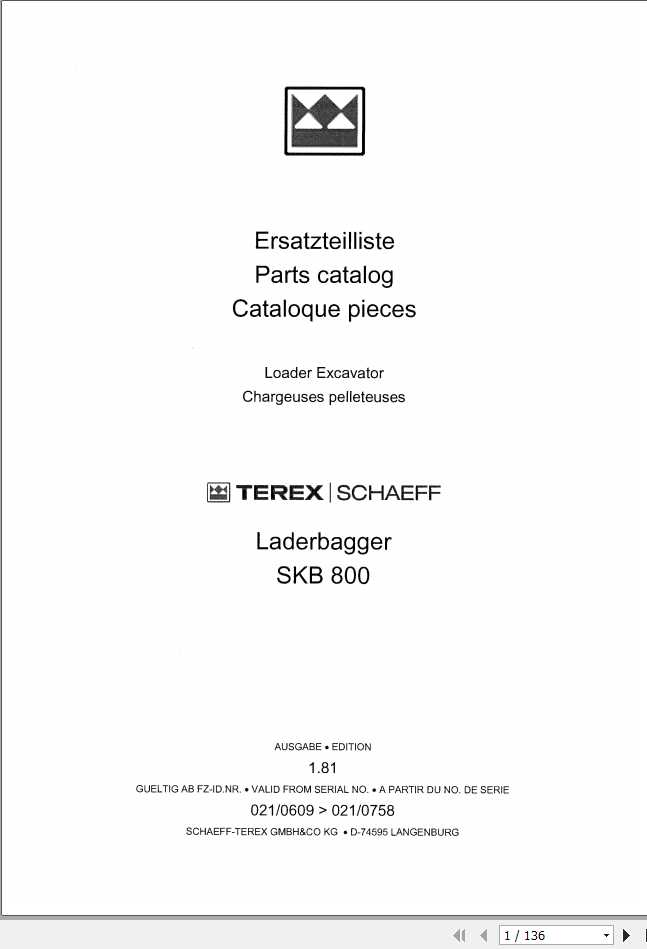 Schaeff Loader Excavator SKB800 Parts Catalog 1 1