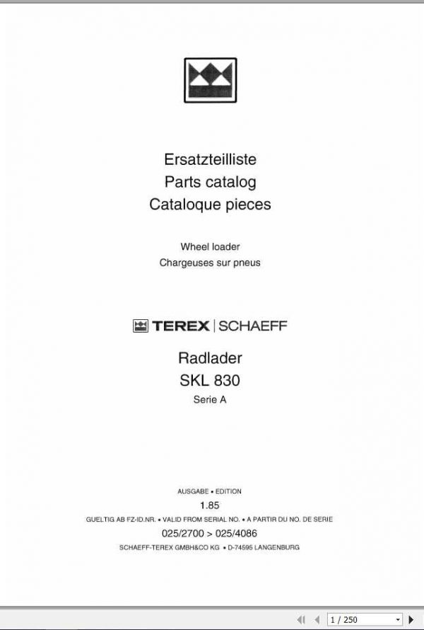 Schaeff Wheel Loader SKL830A Parts Catalog 1