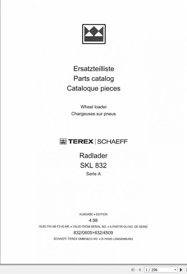 Schaeff Wheel Loader SKL832A Parts Catalog 1