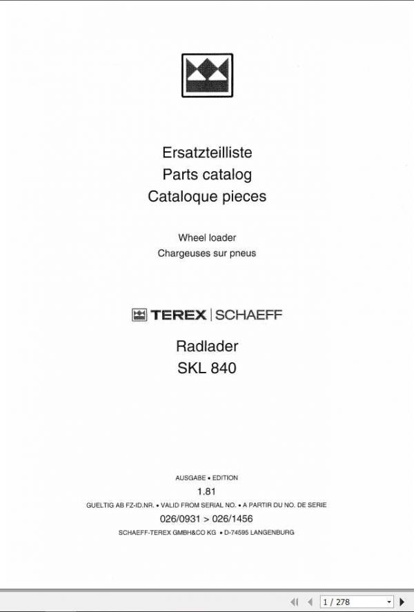 Schaeff Wheel Loader SKL840 Parts Catalog 1